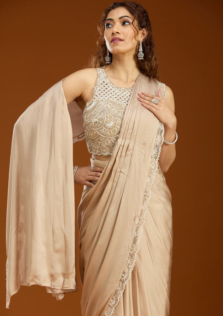 Beige Satin  Cutdana Saree With Matching Blouse Piece