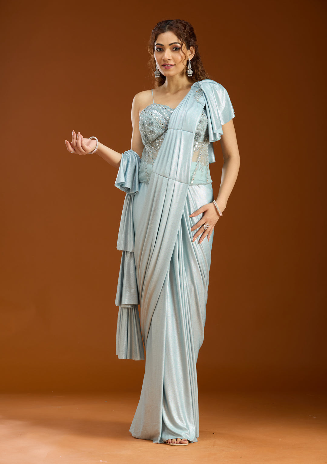 Sky Blue Satin  Mirrorwork Saree With Matching Blouse Piece