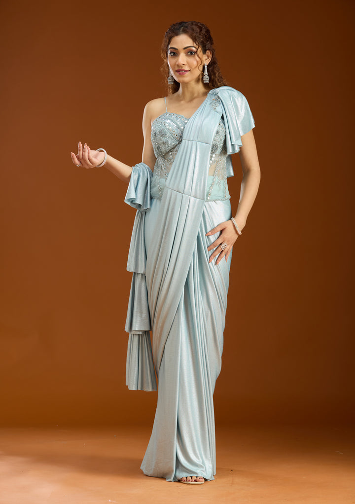 Sky Blue Satin  Mirrorwork Saree With Matching Blouse Piece