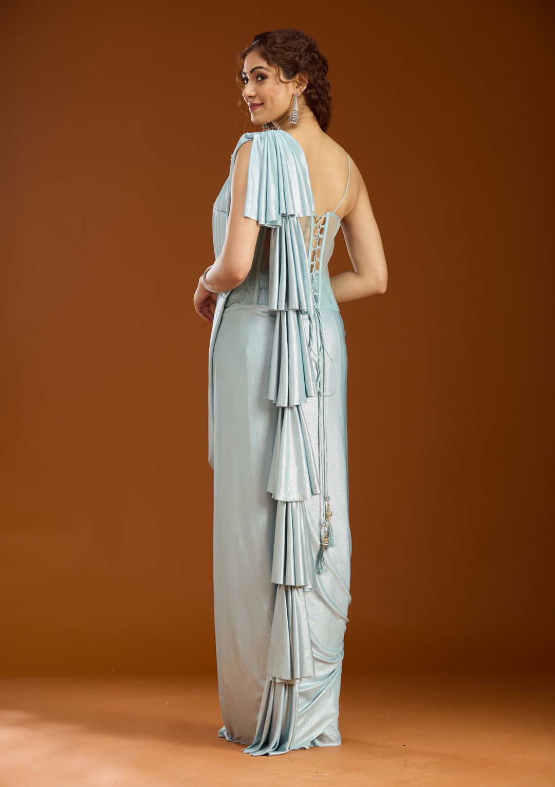 Sky Blue Satin  Mirrorwork Saree With Matching Blouse Piece