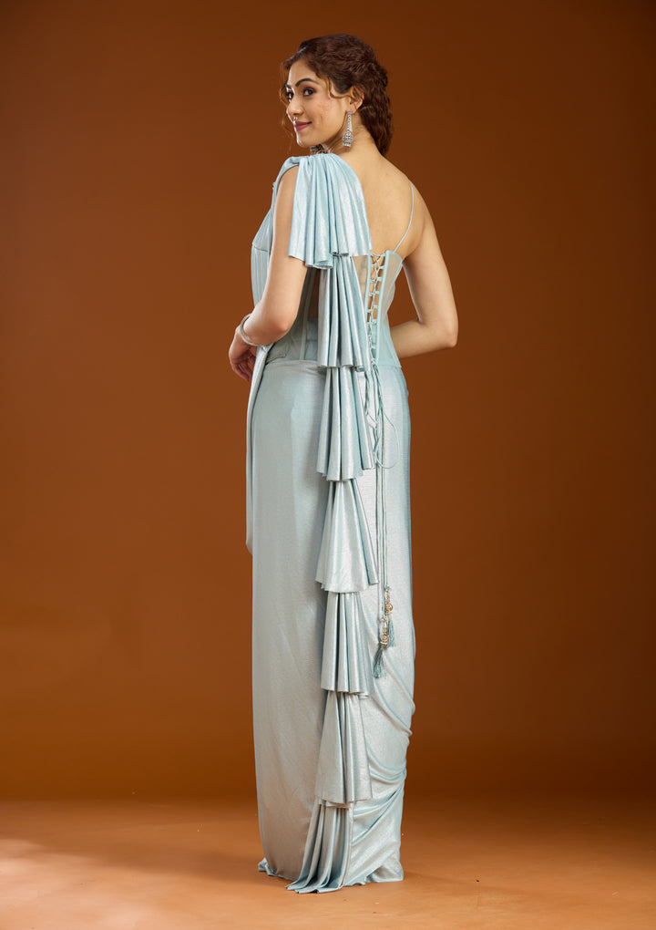 Sky Blue Satin  Mirrorwork Saree With Matching Blouse Piece