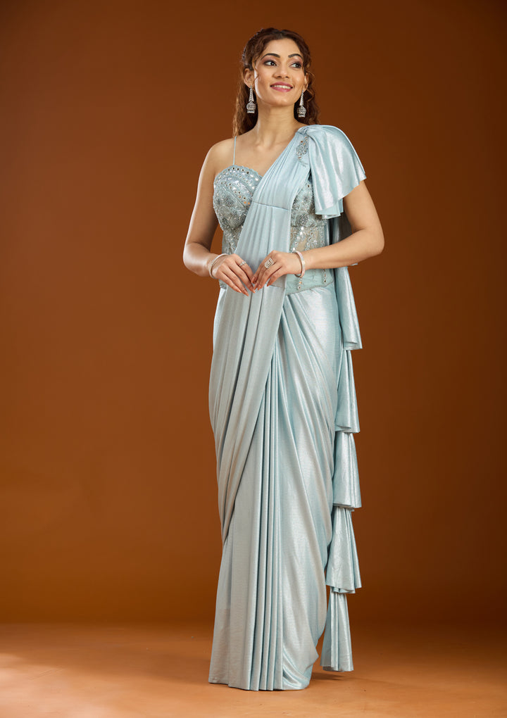 Sky Blue Satin  Mirrorwork Saree With Matching Blouse Piece