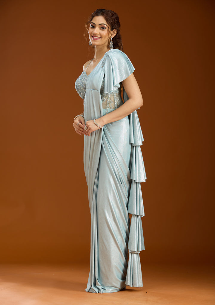 Sky Blue Satin  Mirrorwork Saree With Matching Blouse Piece