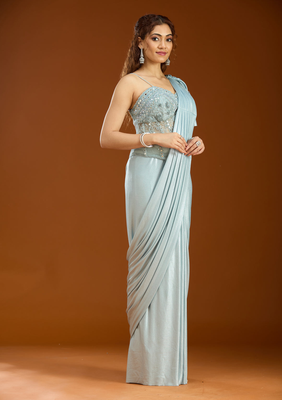 Sky Blue Satin  Mirrorwork Saree With Matching Blouse Piece