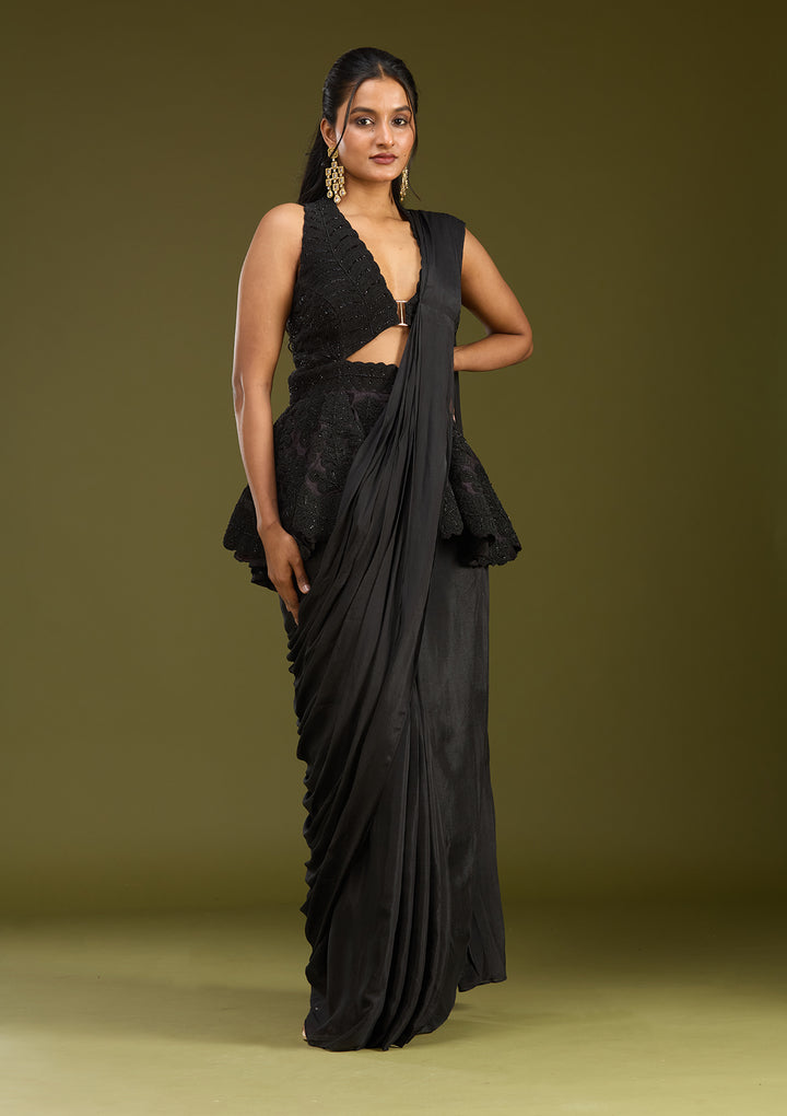 Black Satin Threadwork Saree With Matching Blouse Piece