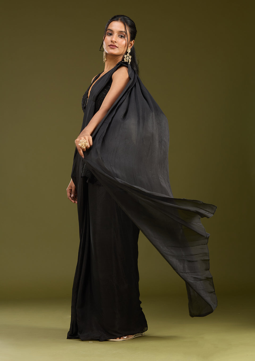 Black Satin Threadwork Saree With Matching Blouse Piece
