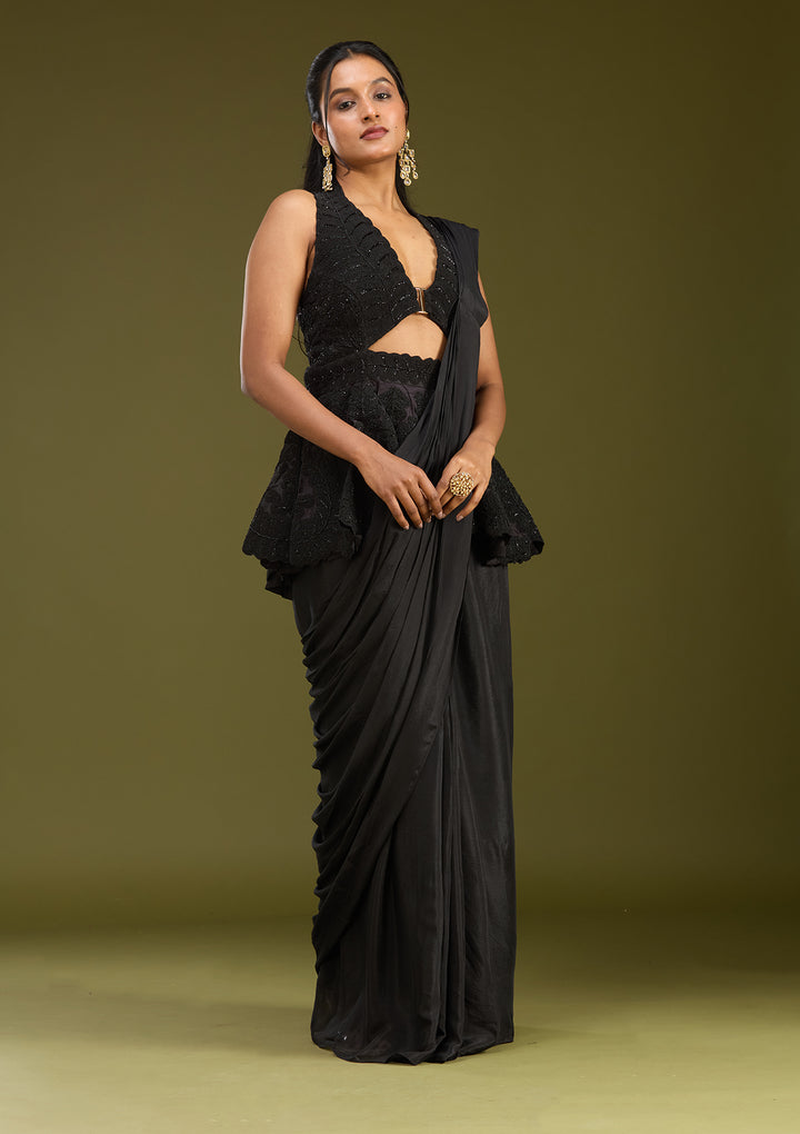 Black Satin Threadwork Saree With Matching Blouse Piece