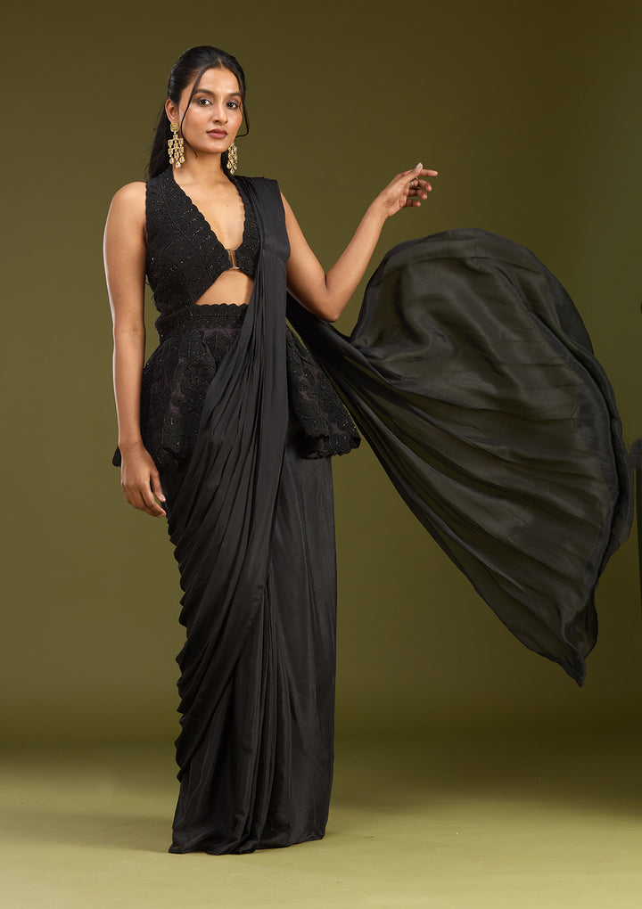Black Satin Threadwork Saree With Matching Blouse Piece