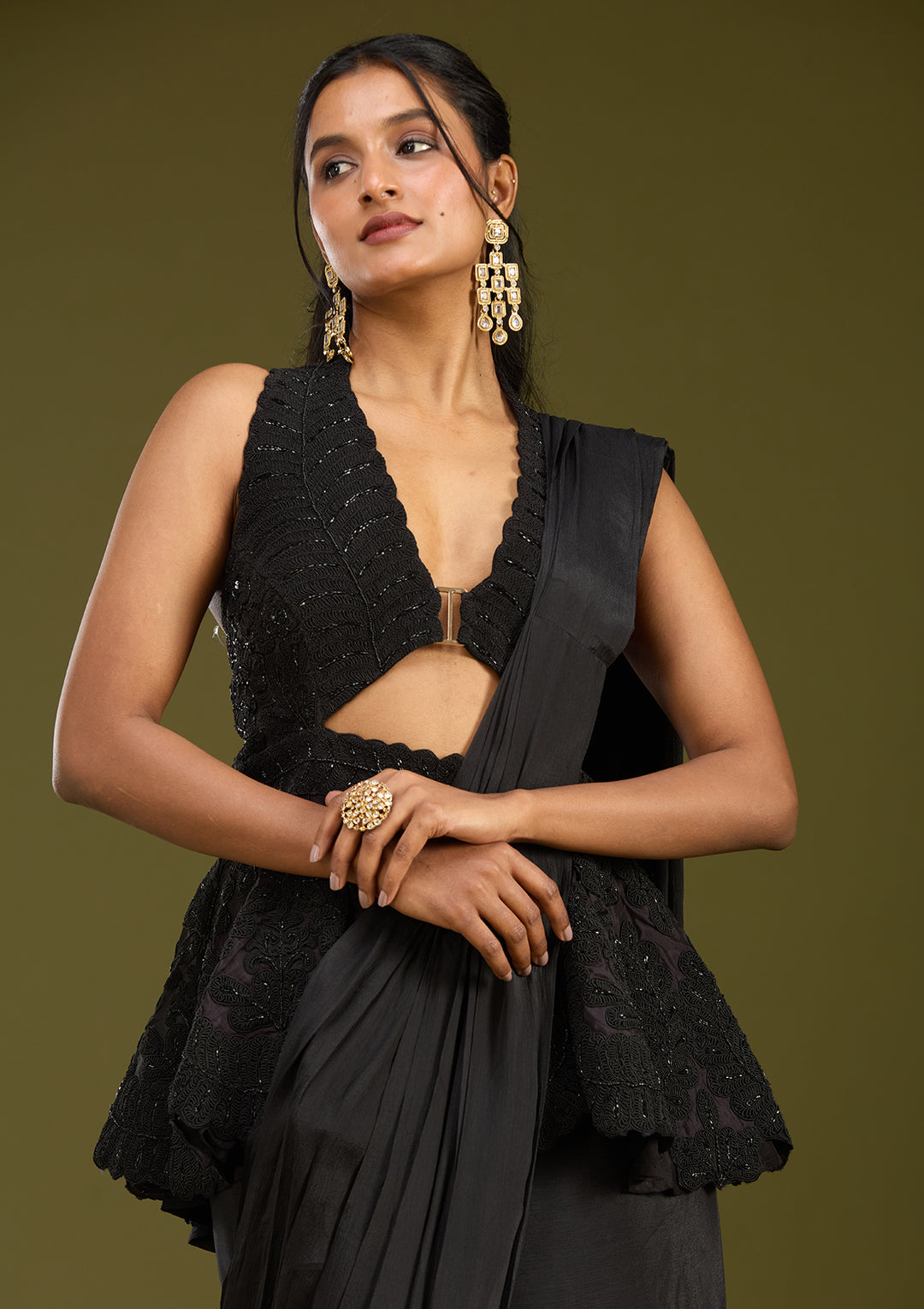 Black Satin Threadwork Saree With Matching Blouse Piece