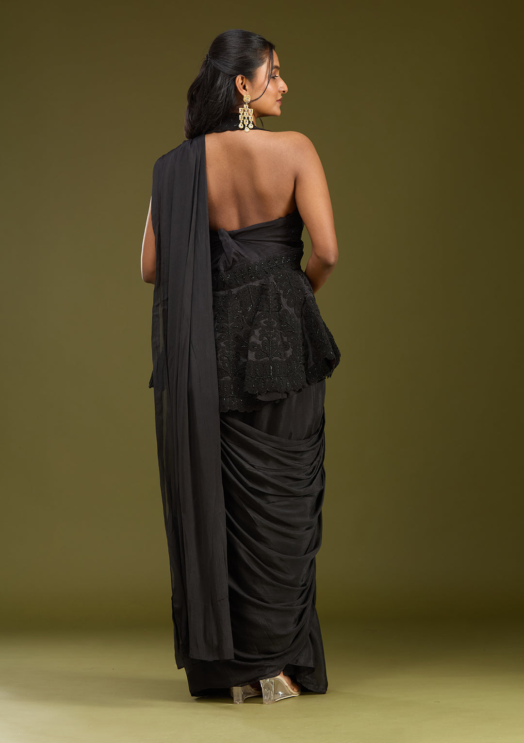 Black Satin Threadwork Saree With Matching Blouse Piece