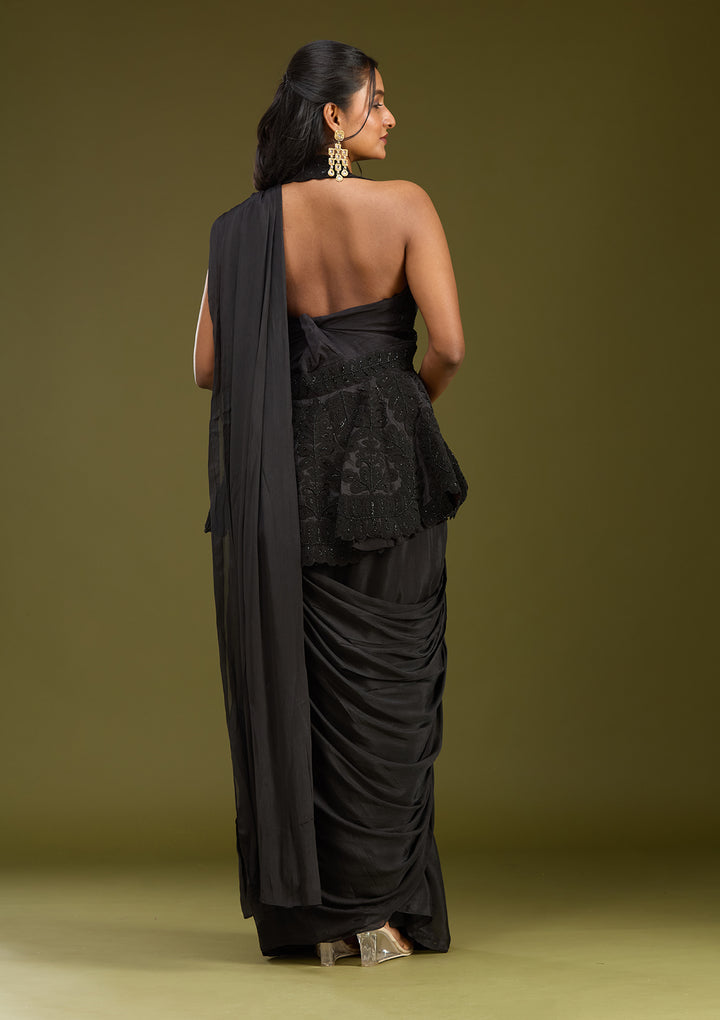 Black Satin Threadwork Saree With Matching Blouse Piece