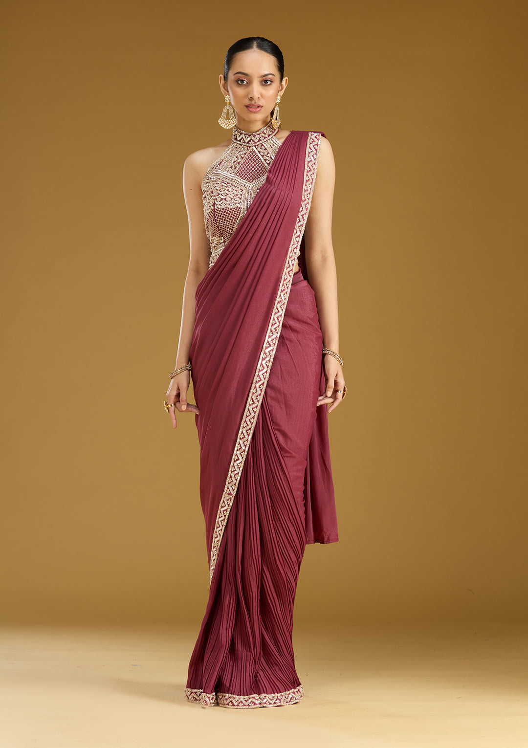 Maroon Satin Sequins Saree With Matching Blouse Piece