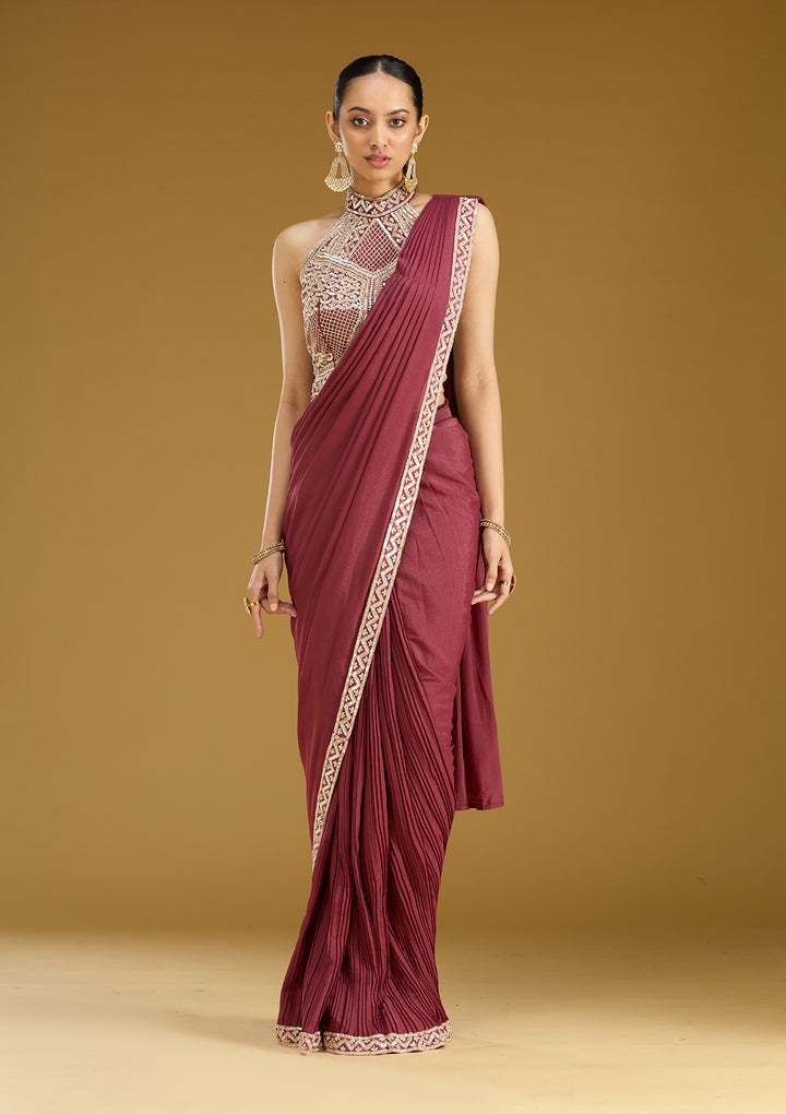 Maroon Satin Sequins Saree With Matching Blouse Piece