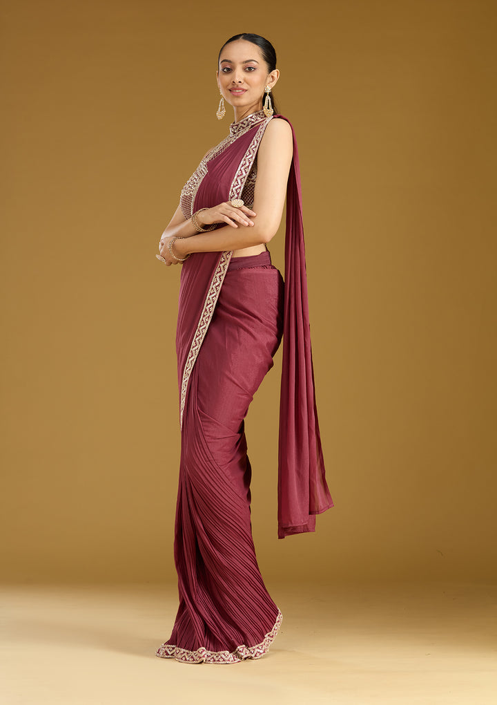 Maroon Satin Sequins Saree With Matching Blouse Piece
