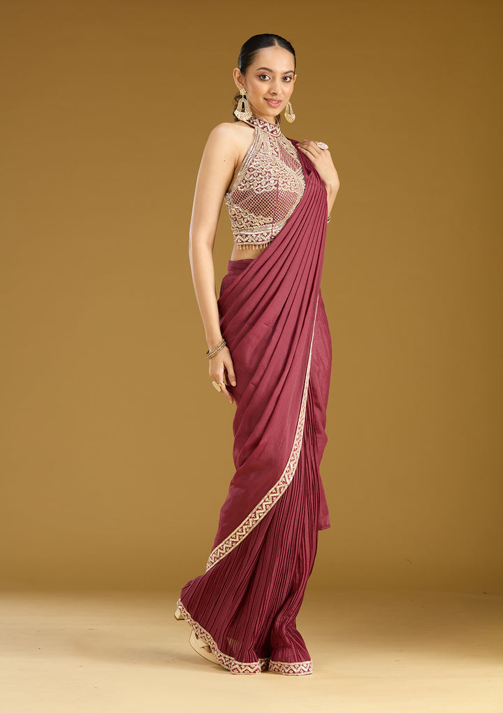 Maroon Satin Sequins Saree With Matching Blouse Piece