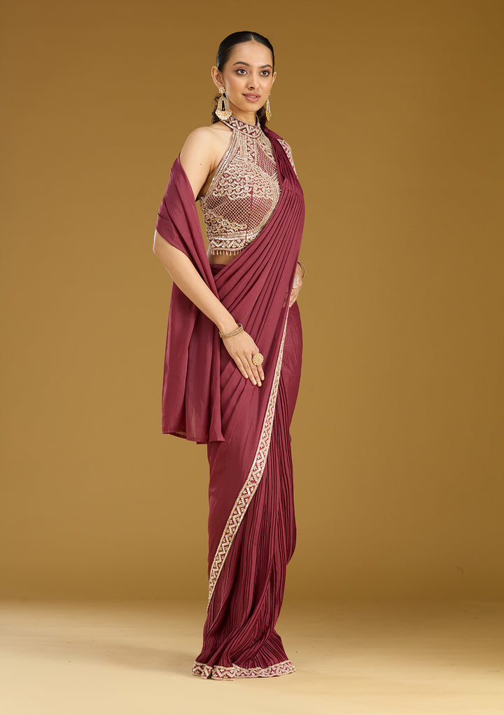 Maroon Satin Sequins Saree With Matching Blouse Piece