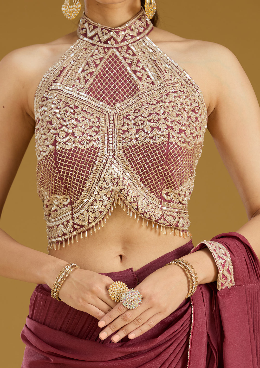 Maroon Satin Sequins Saree With Matching Blouse Piece