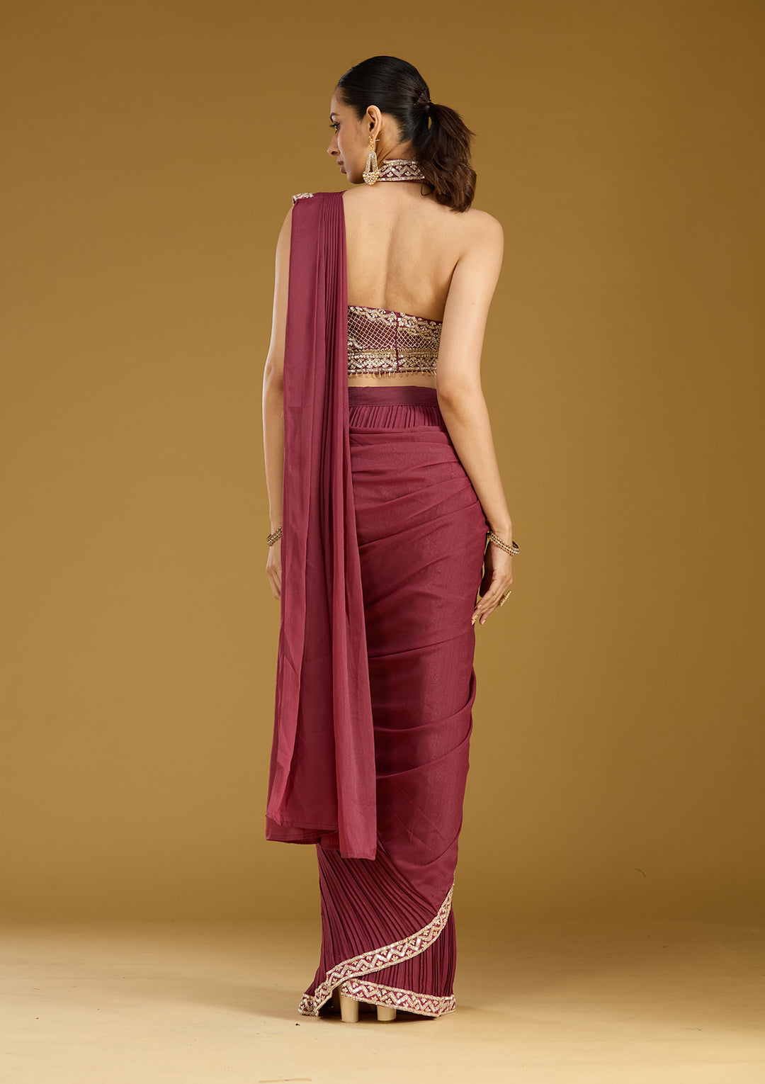 Maroon Satin Sequins Saree With Matching Blouse Piece