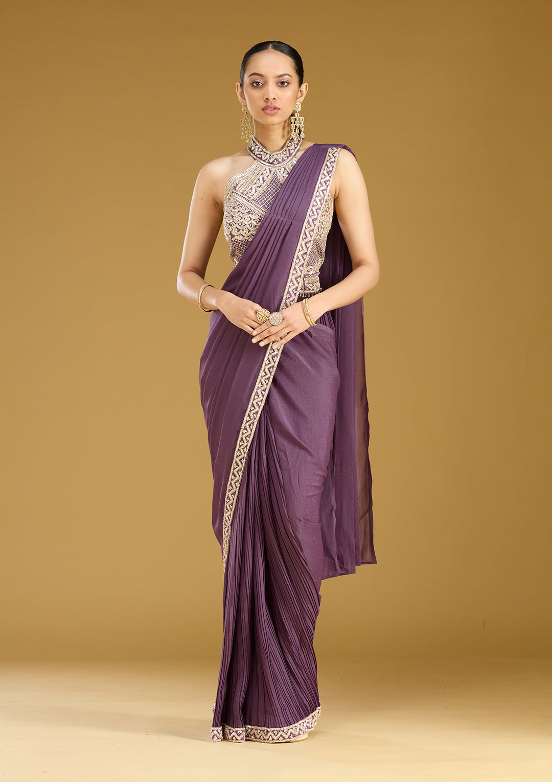 Purple Satin Sequins Saree With Matching Blouse Piece