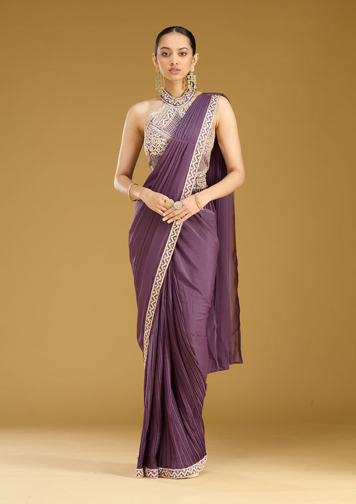 Purple Satin Sequins Saree With Matching Blouse Piece