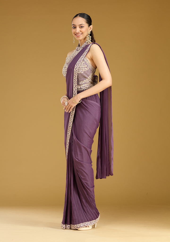 Purple Satin Sequins Saree With Matching Blouse Piece