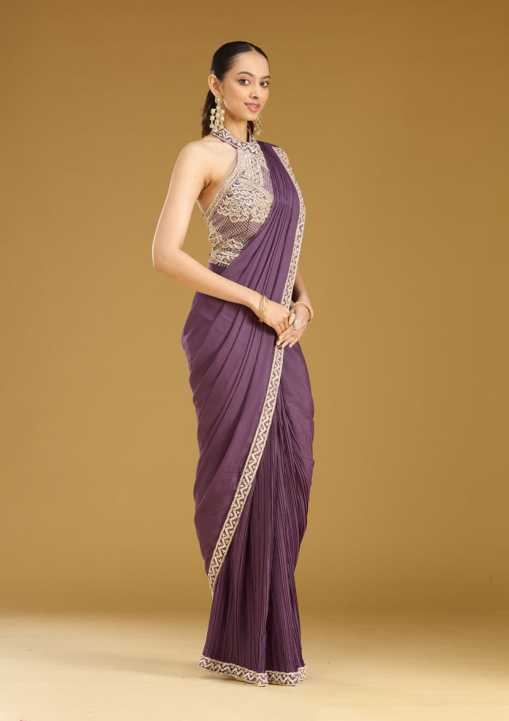 Purple Satin Sequins Saree With Matching Blouse Piece