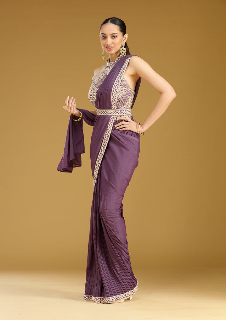 Purple Satin Sequins Saree With Matching Blouse Piece