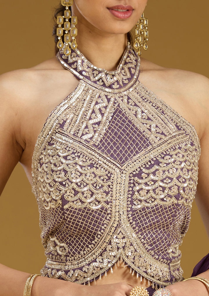 Purple Satin Sequins Saree With Matching Blouse Piece