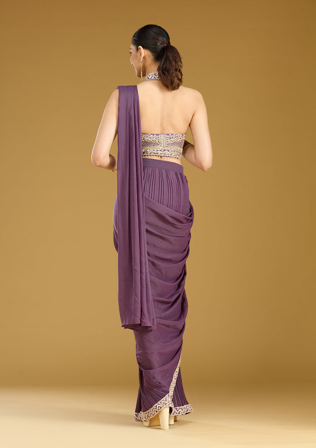 Purple Satin Sequins Saree With Matching Blouse Piece
