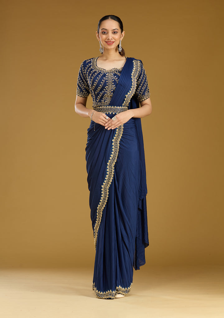 Royal Blue Cording Satin Readymade Saree