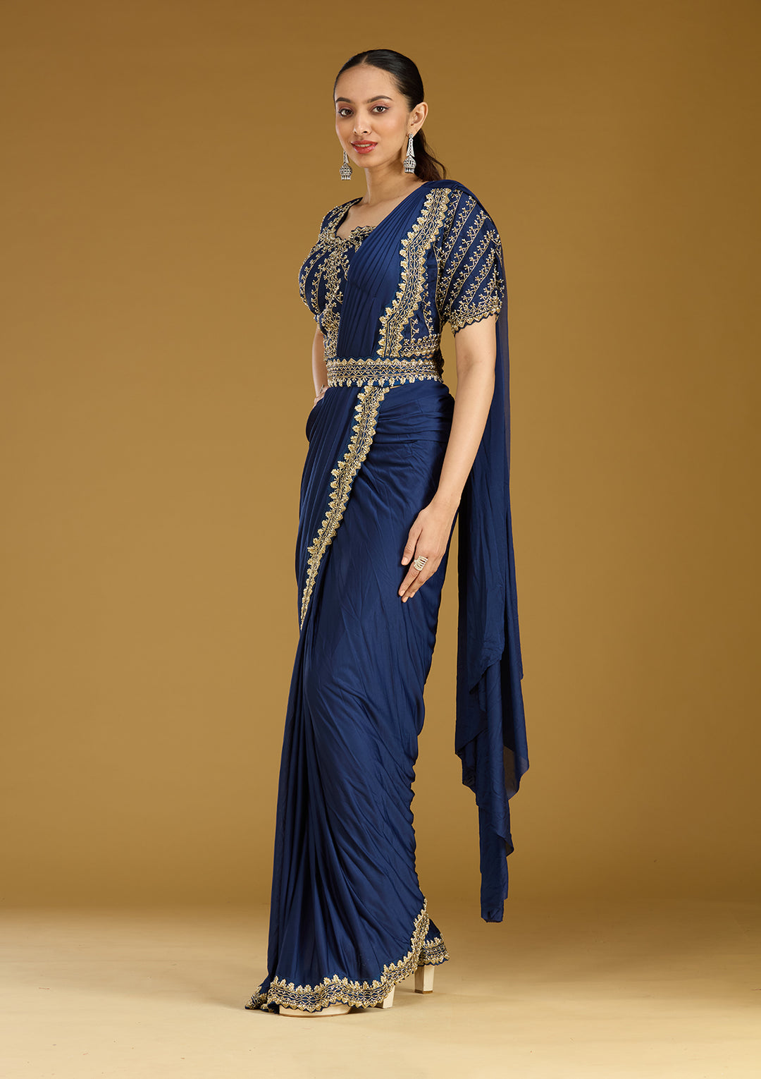 Royal Blue Cording Satin Readymade Saree