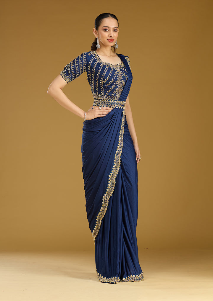Royal Blue Cording Satin Readymade Saree