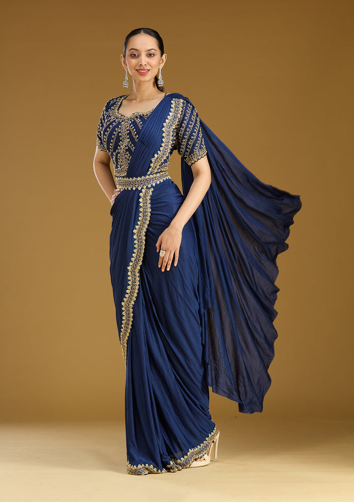 Royal Blue Cording Satin Readymade Saree