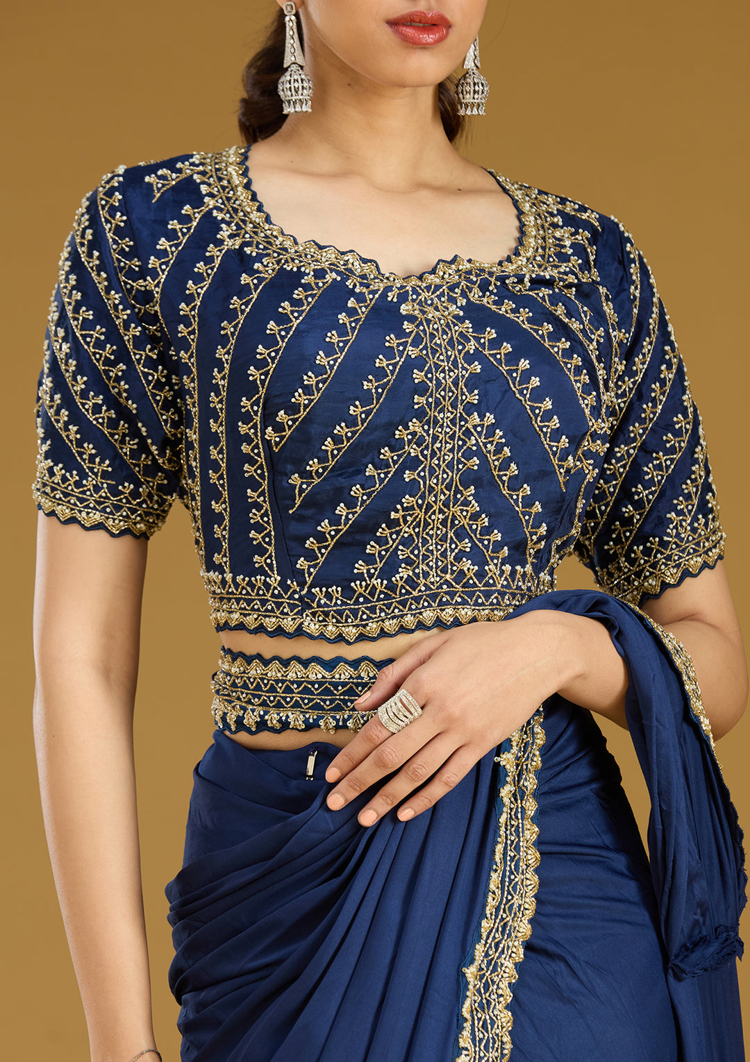 Royal Blue Cording Satin Readymade Saree