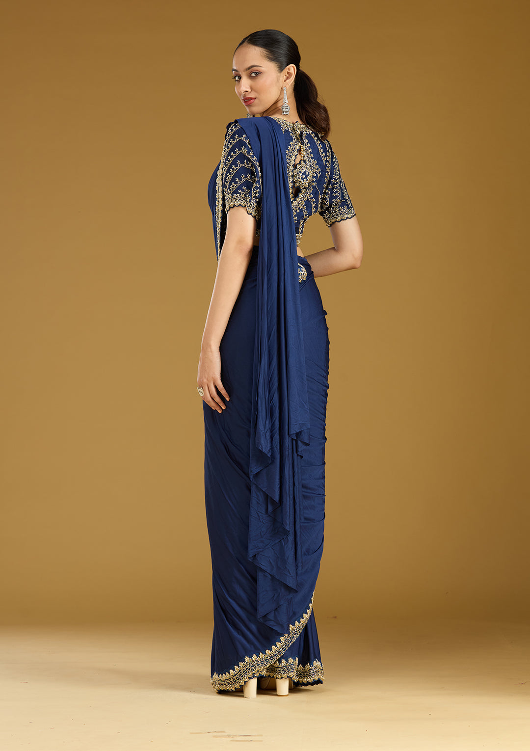 Royal Blue Cording Satin Readymade Saree
