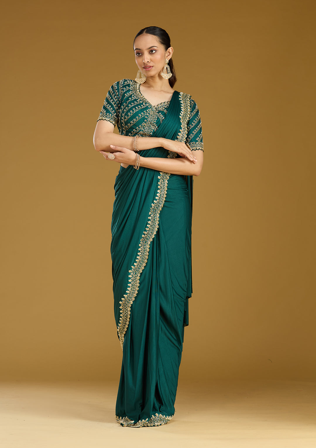 Teal Green Satin Cutdana Saree With Matching Blouse Piece