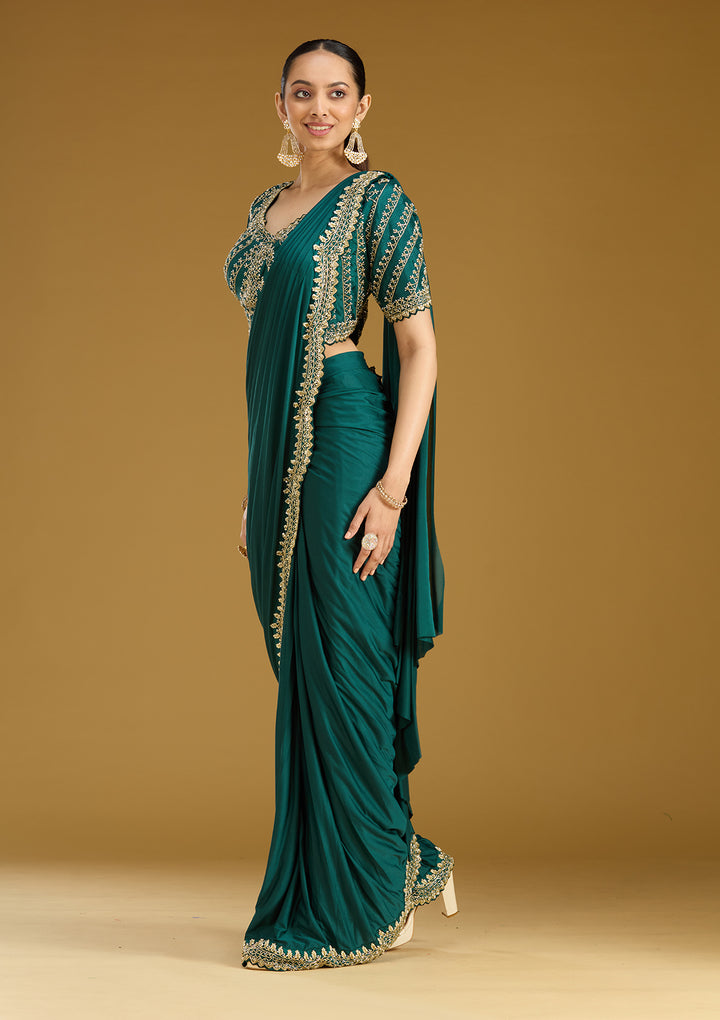 Teal Green Satin Cutdana Saree With Matching Blouse Piece