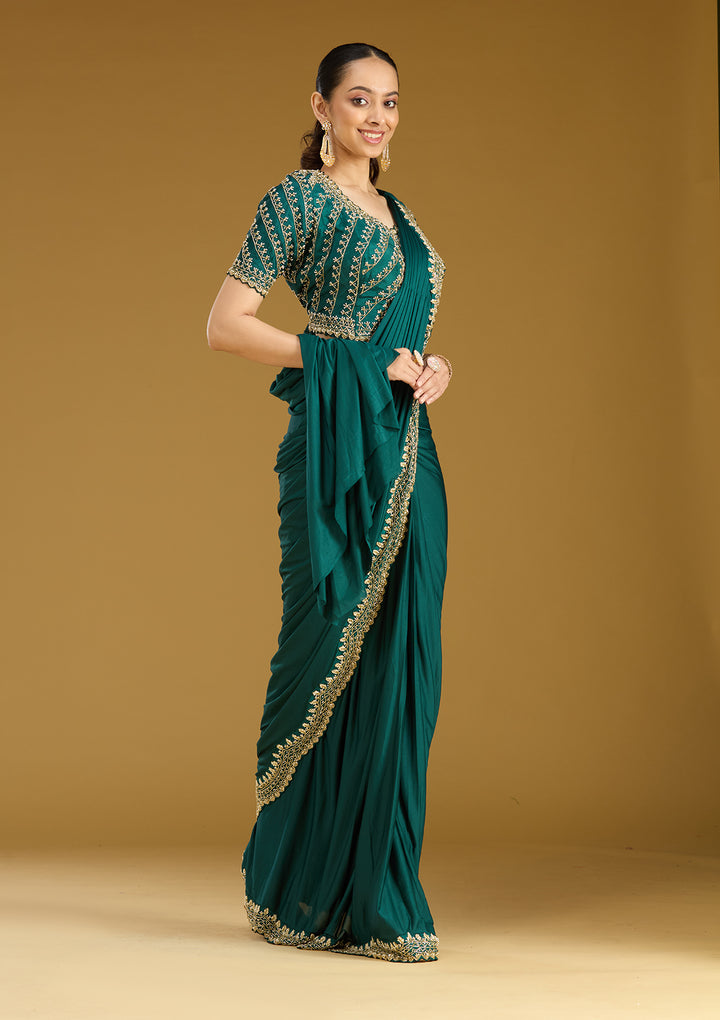 Teal Green Satin Cutdana Saree With Matching Blouse Piece