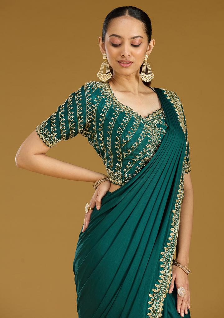 Teal Green Satin Cutdana Saree With Matching Blouse Piece