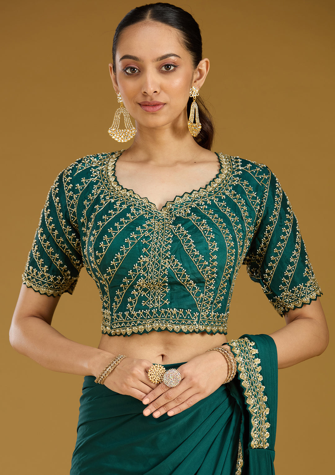 Teal Green Satin Cutdana Saree With Matching Blouse Piece