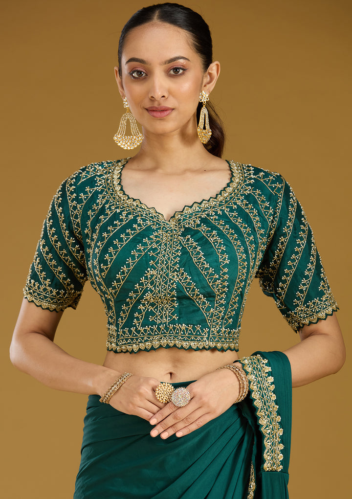 Teal Green Satin Cutdana Saree With Matching Blouse Piece