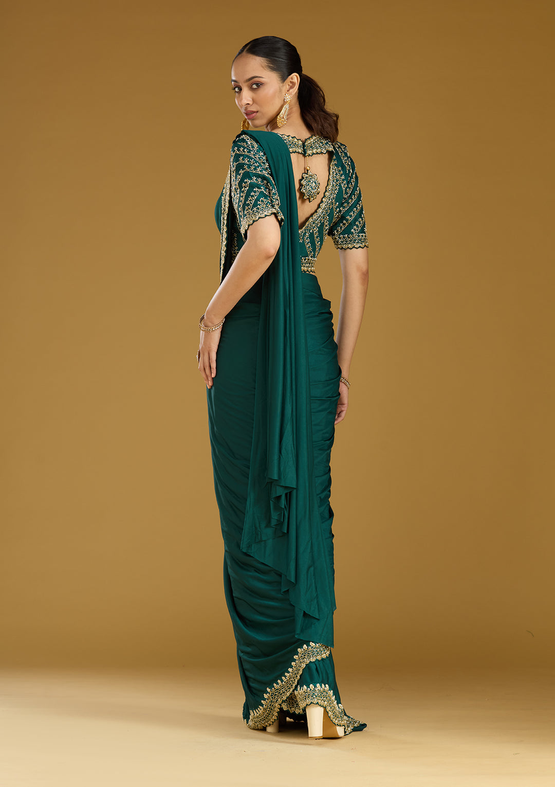 Teal Green Satin Cutdana Saree With Matching Blouse Piece