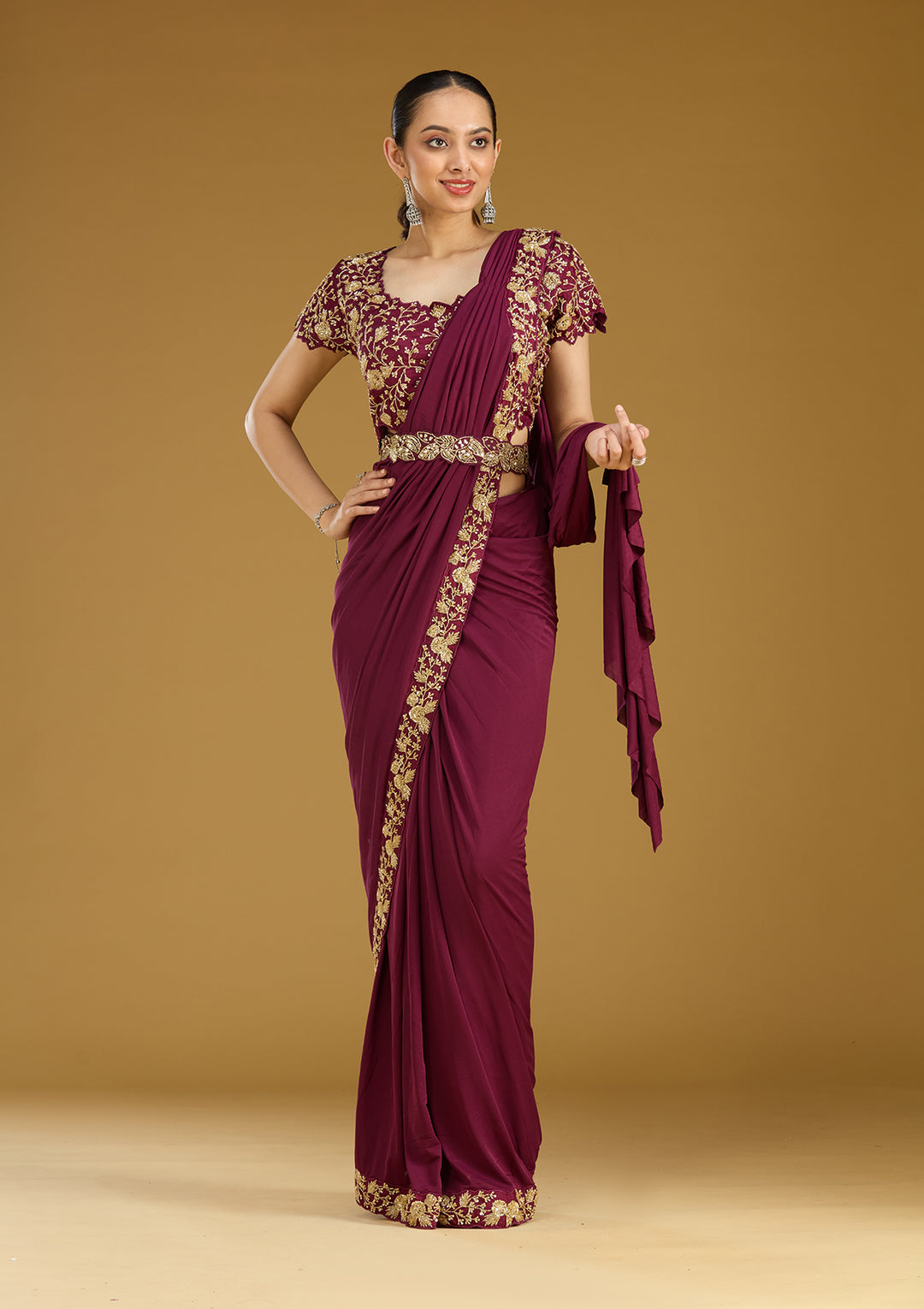 Wine Satin Cutdana Saree With Matching Blouse Piece