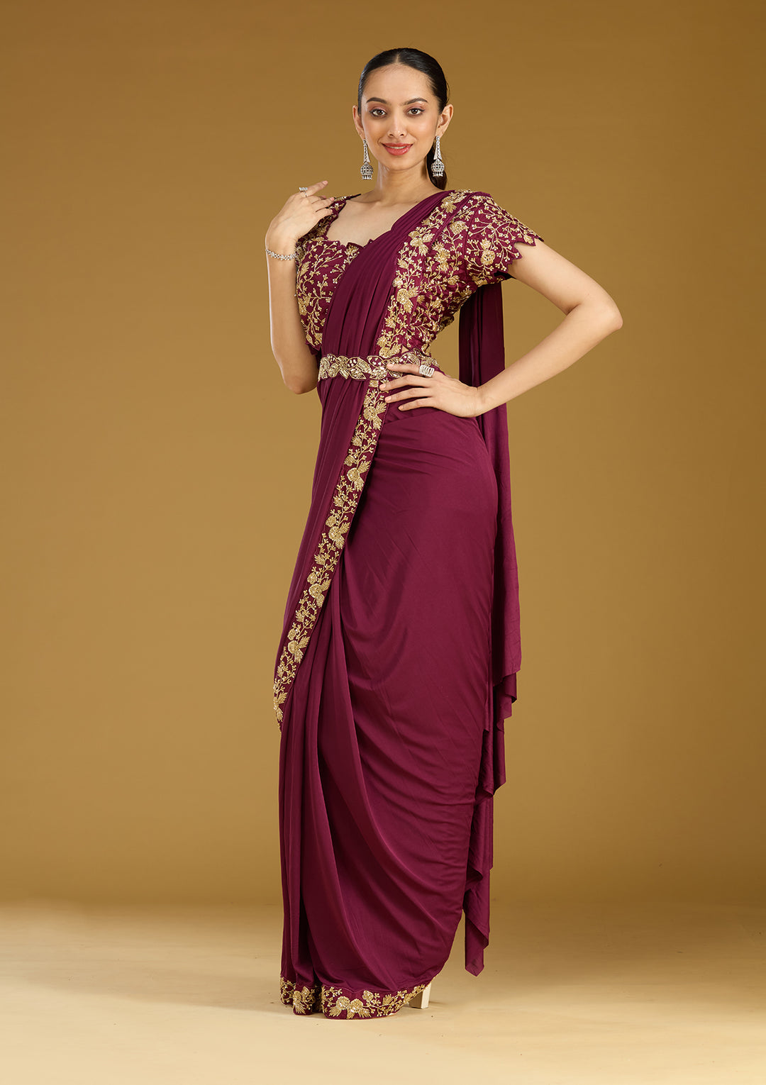 Wine Satin Cutdana Saree With Matching Blouse Piece