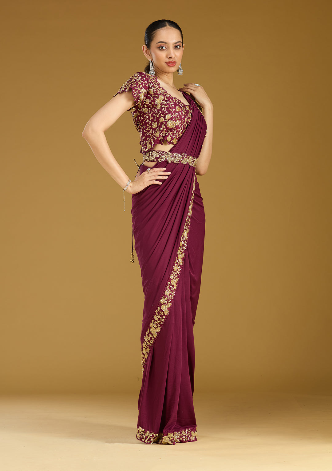 Wine Satin Cutdana Saree With Matching Blouse Piece