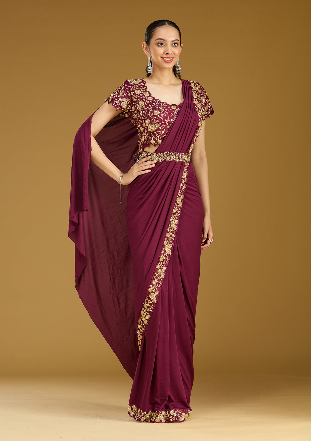 Wine Satin Cutdana Saree With Matching Blouse Piece