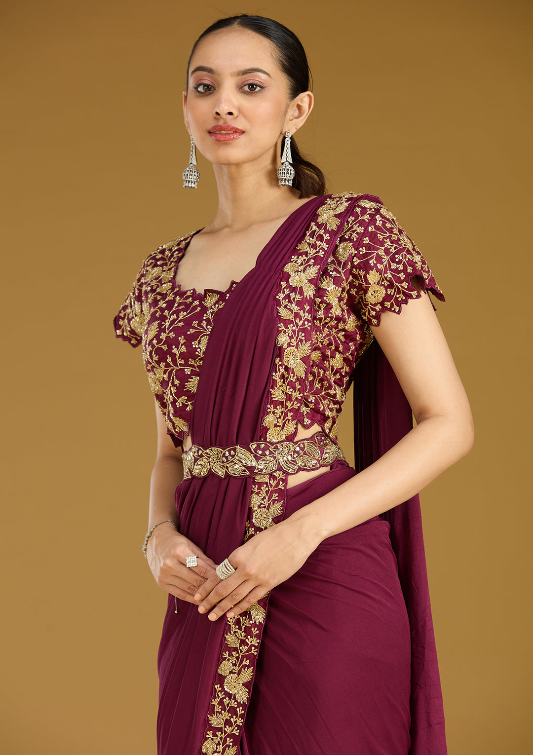 Wine Satin Cutdana Saree With Matching Blouse Piece