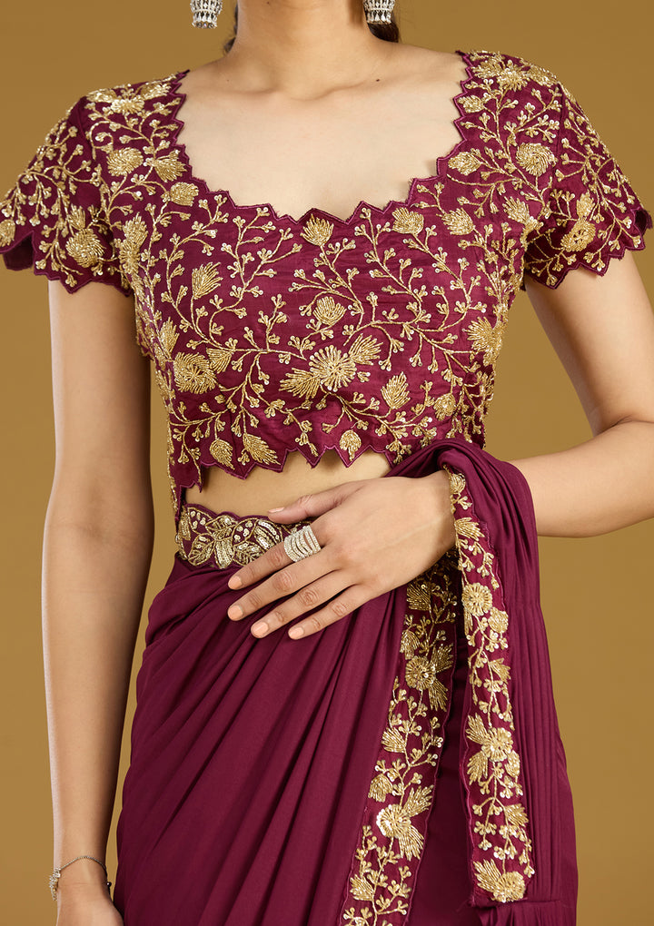 Wine Satin Cutdana Saree With Matching Blouse Piece