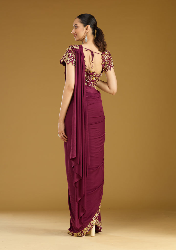 Wine Satin Cutdana Saree With Matching Blouse Piece