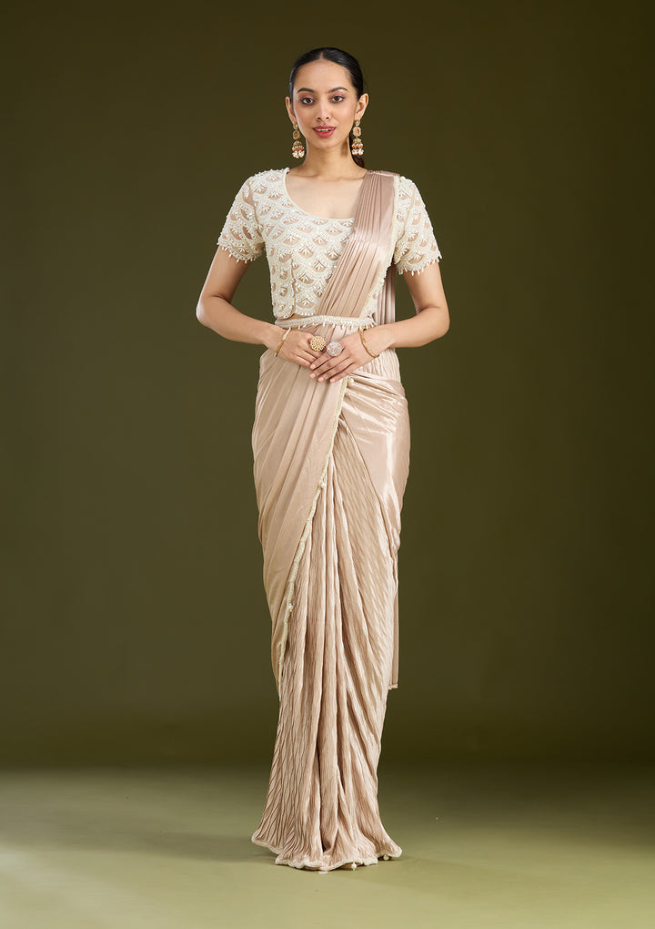 Grey Satin Pearlwork Saree With Matching Blouse Piece